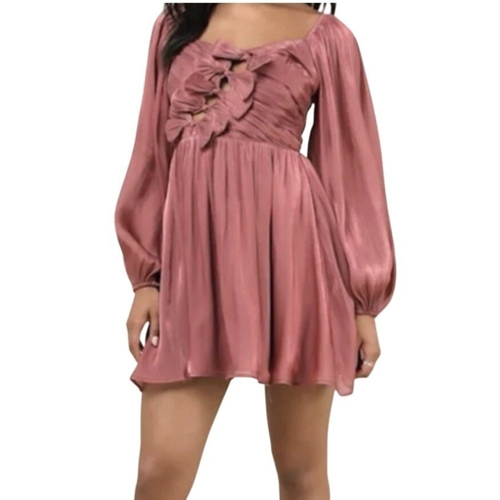 Lulus Mauve Pink Pleated Bow Front Balloon Sleeve‎ Mini Dress Small New
